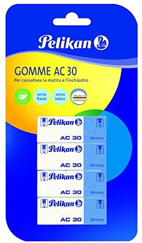 Pelikan 24006002 - Borrador caucho AC 30, blíster de 4 piezas, adecuado para dibujo técnico y escolar, forma de bloque, para lápiz y tinta, azul blanco