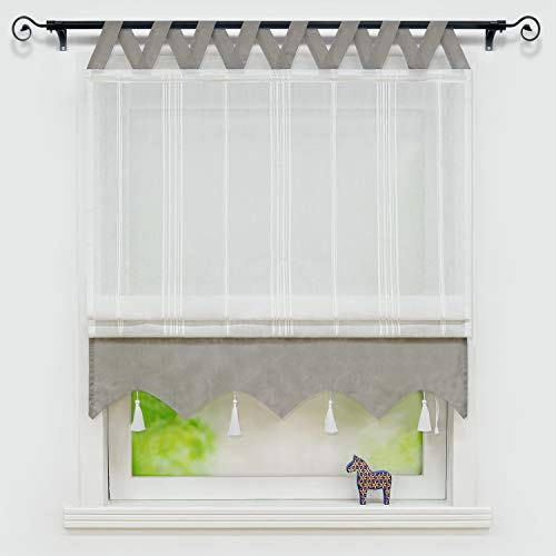 Joyswahl Leinenoptick Raffrollo mit V Schlaufen »Catrin« Raffgardine mit Längsstreifen und farblich abgesetzte Blende BxH 80x140cm Grau 1 Stück