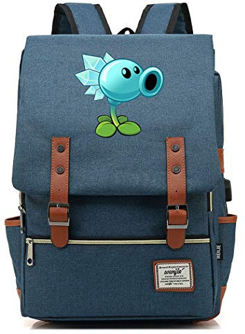 WANHONGYUE Plants vs. Zombies Jeu Étudiants Sac d'école Cartable Vintage Sac à Dos Rucksack pour Ordinateur Portable 15,6 Pouces avec Port de Chargement USB Steel Blue / 3