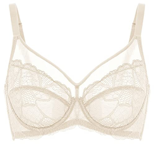 DOBREVA Women's Lace Full Coverage Minimiser Bra Unlined Underwire See Through Plus Size Bra Parchment 36D