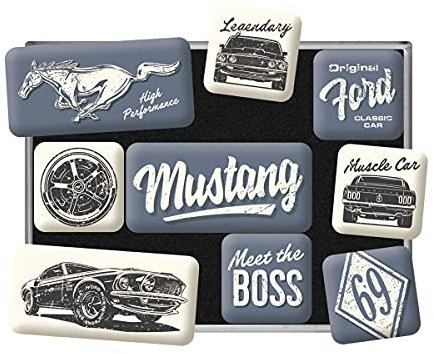 Nostalgic-Art Juego de Imanes Retro, Ford Mustang – Boss – Idea de Regalo para Amantes a Coches, Decoración para Nevera, Diseño Vintage, 9 Unidades