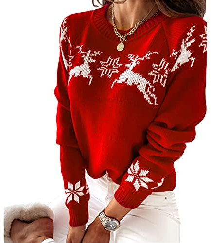 Loalirando Maglione di Natale da Donna Elegante Maglia Donna Invernale Natalizia Manica Lunga Girocollo Caldo Pullover (E-Rosso, Medium)