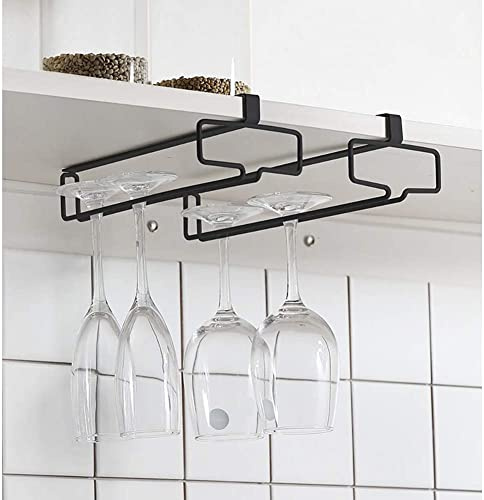 LINFIDITE Wine Glass Holder 2PCS Stemware Rack Hanger Under Cabinet Wine Glass Rack Kitchen Hanging Storage Rack Organizer,Black (For Partition Thickness under 0.98)