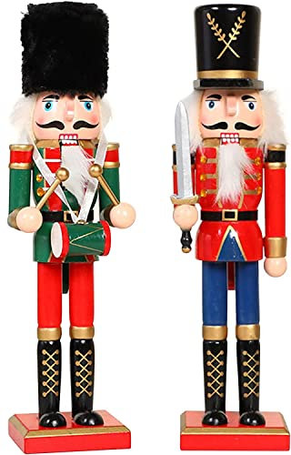 KAHEIGN 2Pcs Wooden Nutcracker Soldiers, 2 Style 30CM Christmas Traditional Nutcracker Figures Premium Pine Wood Painted Soldier for Home Fireplace Christmas Tree Party Decoration (Drum & Sword)