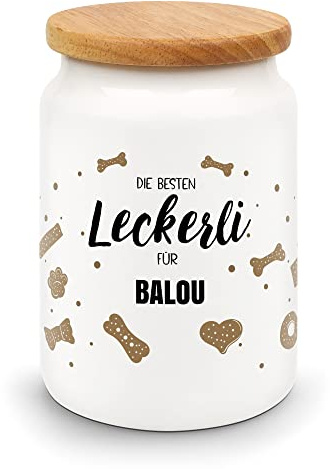 PfotenSchild Große Leckerlidose selbst gestalten - personalisiert mit Namen für Hunde und Katzen - Aufbewahrungsdose für Snacks - tolle Geschenkidee - aus Keramik mit Holzdeckel