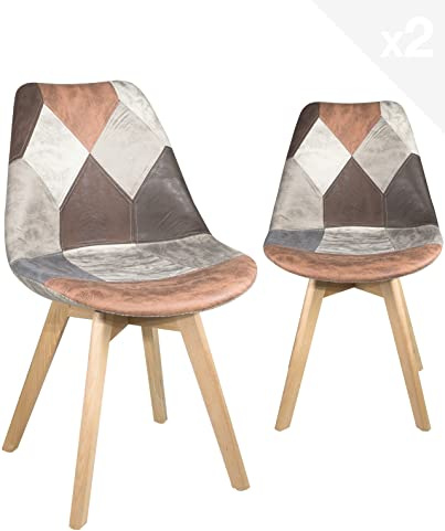 KAYELLES Lot de 2 chaises rembourrées Patchwork Style scandinave Pieds Bois Lao (Marron)