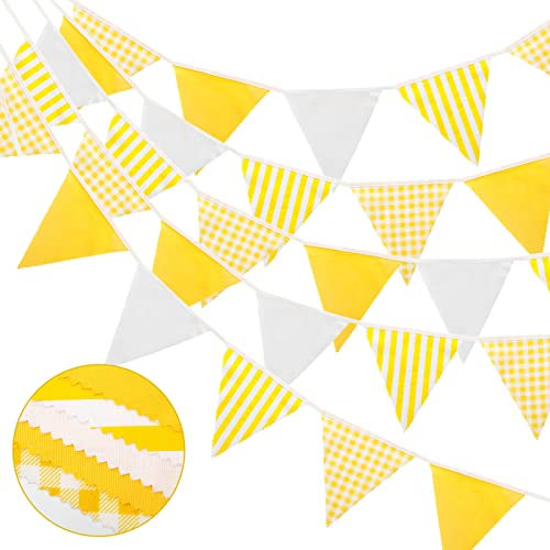 G2PLUS Guirlande de Fanions,12M Fanions en Coton,42 Côtés Jaune Blanc Fanion Bannière Tissu pour Baptême Anniversaire Cérémonie Mariage