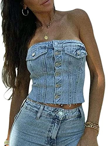 XIXIMAON - Diadema de tubo para mujer, top corto sin espalda, camiseta sexy sin tirantes sin mangas Y2K Crop Top Bustier color sólido, azul vaquero., L