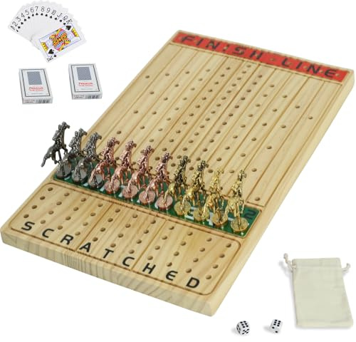 Jyquorp Horse Race Board Game Racing Game Thickened Solid Wood with 11 Luxurious Durable Classic Metal Horses with 2 Dice and 2 Boxes of Cards Horse Racing Game (Log Color, Rectangle)