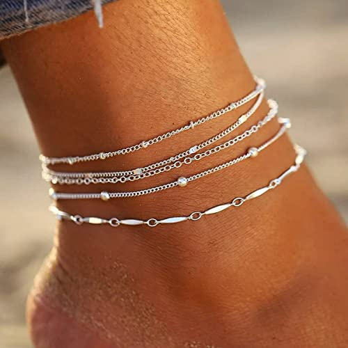 5 Pieces Anklets Beaded Chain Anklet Boho Multi-layered Anklet Bracelets Beach Foot Chain Jewelry for Women and Girls (Silver)