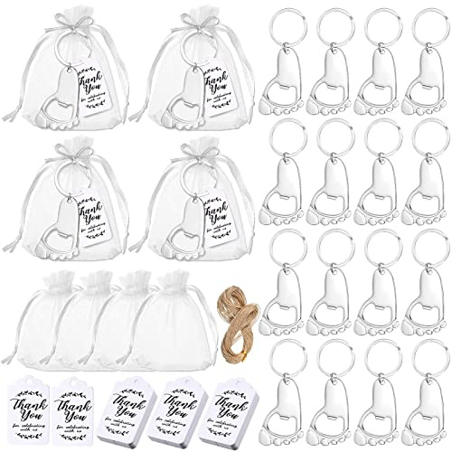 Yusat 24 Set Baby Footprint Portachiavi Bomboniere con Sacchetti di Organza Grazie Tag Corda per Baby Shower Party