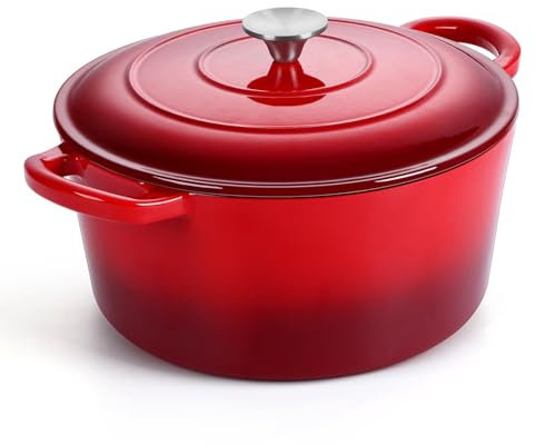 P&P CHEF 6 Quart Enameled Dutch Oven with Lid, Cast Iron Dutch Oven Pot, Enamel Round Cooking Stock Pot for Braising, Stewing, Roasting, Baking, Fit Various Stoves, (6 QT, Red)