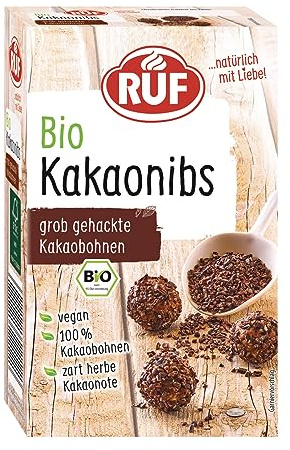 RUF Bio Kakao Nibs, 100% grob gehackte Kakao-Bohnen, mit zart herber Kakao-Note, vegan & in Bio-Qualität, als Topping für Bowls & Desserts, 1 x 150g