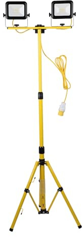 Dual Head LED Work Light 110V 2x20W Flood Lights Outdoor Site Uplights with Portable Adjustable Tripod Stand, 3600 Lumens 5m Cable IP44 Rated LED Floodlight for Construction and Job Sites Lighting
