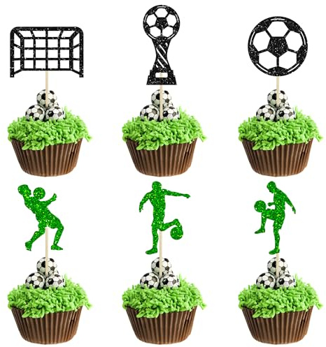 24Pcs Soccer Cupcake Toppers Glitter Soccer Ball Cupcake Picks Sport Cake Decorations Football Theme Birthday Party Baby Shower Kids Boys Men Birthday Party Favors Supplies Green