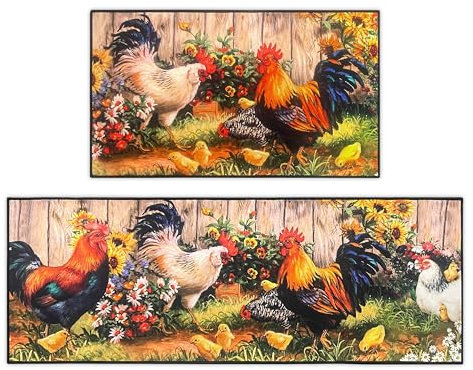 JWXCBIM Küchenteppich mit Hahn, Landhaus-Stil, Sonnenblumen-Dekor, Bodenmatten, saugfähig, waschbar, rutschfest, für den Innenbereich, dekorativ, 43,2 x 76,2 cm + 43,2 x 129,2 cm, 2-teiliges Set
