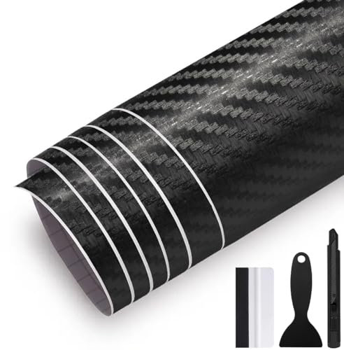 GRTHTATI 300cm x 30cm Covering Noir Brillant de Voiture Film Autocollant Adhésif Film de Protection pour Voiture Intérieure/Extérieure, Moto, Vélo (3D Carbon Fiber, 150cm x 30cm)