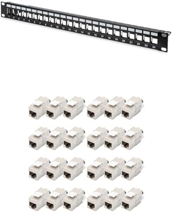 DIGITUS Keystone-modul Cat-6A skärmad - 24 stycken - RJ45-jack - 500 MHz 10GBase-T & DIGITUS Patchpanel - Modulär - För Keystone-moduler - 19 tum - 24 portar - Skärmad - Rackmontering 1U - V2 - Svart