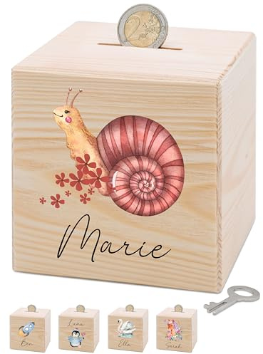 Bärenfreunde® - Personalisierte Spardose Kinder aus Holz mit Metallschloss - Spardose mit Namen mit kinderfreundlichem UV-Druck zum Sparen für Kinderträume (Schnecke rot Blumen)