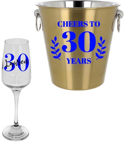 Personalised 30th Birthday Ice Bucket with Matching Champagne Glass 30th Birthday Party Gift Personalised Prosecco Glass & Ice Bucket (Gold Ice Bucket & Glass Set)