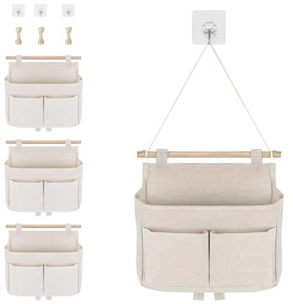 Tulov 4 Stück Hängend Aufbewahrungstasche, Hängeorganizer Hängetasche, 3 Fächer Wand Hängeaufbewahrung, Wandorganizer mit Klebriger Haken für Zuhause, Büro, Wohnmobil, Badezimmer, Flur, Kinderzimmer
