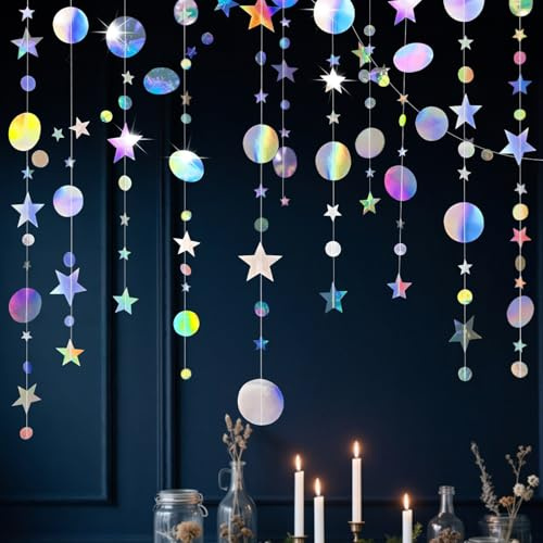 FIHODONE 4 Stück 4 m Stern-Girlande, schillernde Kreis-Punkt-Girlande, Dekoration, Sterngirlande zum Aufhängen für Hochzeit, Geburtstag, Weihnachten, Girlanden für Party-Dekoration