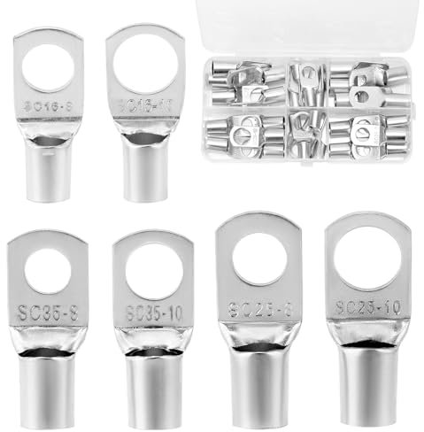 QWORK® 30 PCS Tinned Copper Wire Lugs Kit - SC35/SC25/SC16 - Heavy Duty Battery Cable Ends for 6/4/2 Gauge with Ring Terminals