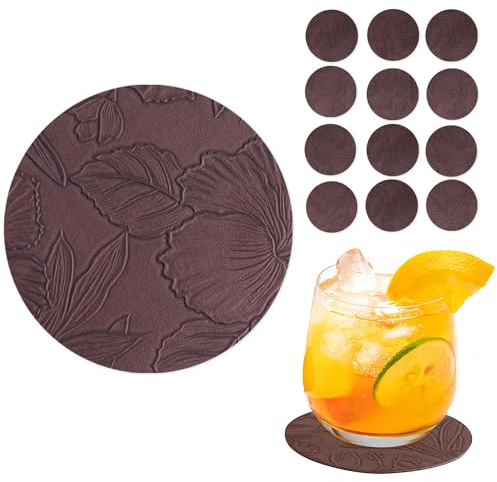 Czzmy Untersetzer Gläser 12er Set,Doppelseitigen Untersetzer aus Kunstlede Leder,Glasuntersetzer,Glas untersetzer Set,Tischuntersetzer Lederoptik Untersetzer(12-Dunkelbraun)