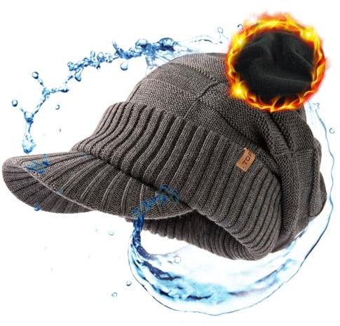 TOP-EX Große Merino Wollmütze für Herren und Damen, Winddicht und wasserdicht,lässig, mit Schirm und Fleece für Damen Newsboy Capideal für Outdoor-Aktivitäten Grau, XL/XXL