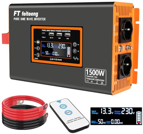 1500W Reiner Sinus-Wellenleistungsinverter, 12V DC bis 220V/230V AC-Konverter mit LCD-Display, USB-C-Anschluss und QC 3.0-Hafen für Camping-Notfallfahrzeuge Truck RV
