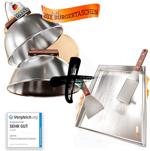 LIKAYA [BUNDLE] Plancha Edelstahl Grillplatte [30x40cm] + Burger-Glocken Set – 2x Grillspachtel & 2x Burger Glocken mit FSC-Akazienholzgriff – Perfekte Smash Burger auf Deinem Grill!