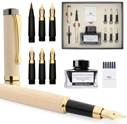 Wordsworth & Black kalligrafipennset, presentset i lönnträ – Inkluderar bläckflaska, 6 bläckpatroner, konverterare och 6 utbytesspetsar, lyxig bambu (Lönnträ)