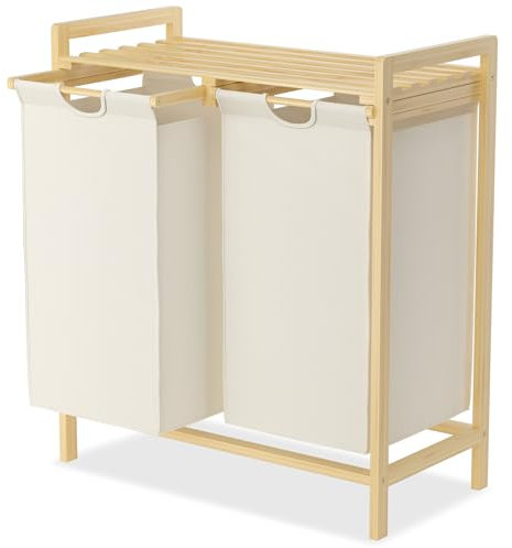 SUBTLETY 2x36L Wäschekorb aus Oxford-Gewebe 2 Fächer Abnehmbar Wäschesammler mit Ablage & Bambusrahmen Wäschesack Ausziehbar Wäschesortierer Effiziente Wäscheaufbewahrung für Waschküche (Beige)