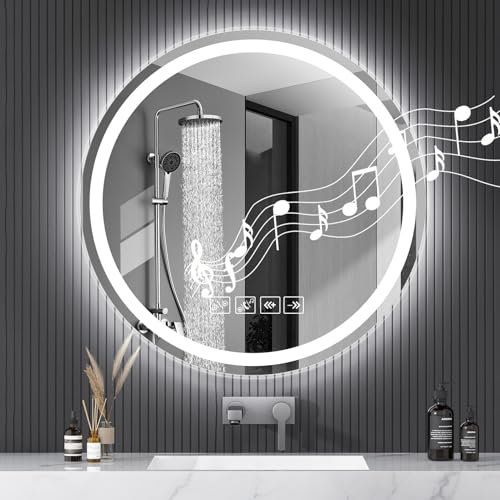 Bellanny Miroir de Salle de Bain LED avec Bluetooth, Circulaire 60 x 60 CM, 3 Températures de Couleur, Dimmable, Réglage de L'heure, Miroir Décoratif Mural avec Tapis Anti-Buée