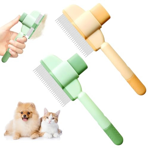 2 Stück Selbstreinigender Flohkamm für Katze und Hund, Katzenbürste mit Auslöseknopf, Fellpflegebürste für Haustiere, Katze Hund Flohkamm, für Reinigung von Losem Verknotetem Fell