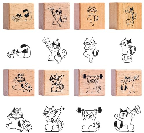 Pilikoll 8 Stück Katze Holzstempel Knetmassen Set für Scrapbooking | für Bullet Journals Kartenherstellung Kunsthandwerk, Tiere Holzstempel zum Basteln, DIY Holz Gummistempel Katze