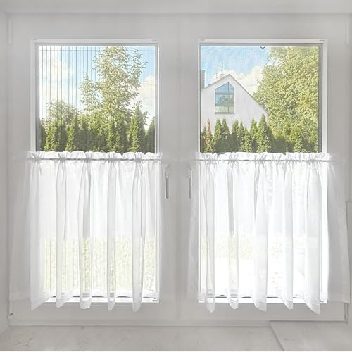 BN Scheibengardine Voile in Weiß – Uni Voile French - halbtransparente Küchengardine, einfarbig mit Köpfchen für Stangendurchzug – Oeko-TEX 100 (H/B: 40/30 cm)