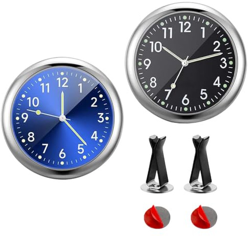 UQTUKO Reloj de coche, 2 unidades, mini reloj para salpicadero de coche, tablero de instrumentos con clip de ventilación y almohadilla adhesiva, reloj de cuarzo para pegar pequeño reloj de pared para