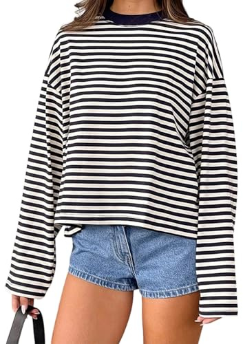 Alaurbeauty Y2k Maglietta da donna a maniche lunghe con scollo a V, a righe, sagomata, a spalla larga, in stile grunge, con cappuccio, top da streetwear, blu navy, M