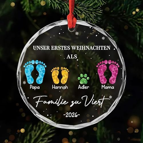 Geschenke Mall Personalisiertes Ornamente - Unser Erstes Weihnachten Als Familie - Weihnachtskugel mit Namen, Glas Weihnachtsschmuck, personalisierte weihnachtsdeko (4 Mitglieder)