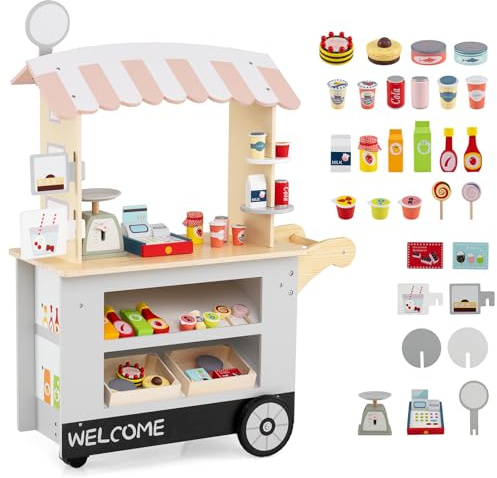 DREAMADE Kaufladen aus Holz, Kaufmannsladen mit 30 Zubehörteilen, Verkaufswagen mit 3 Rädern, Schiebegriff & Baldachin, Spielset Rollenspiele für Kinder ab 3 Jahren (Grau)
