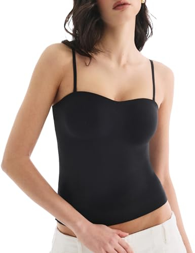 Lehoba Built in Bra Tank Tops for Women, Double Lined Padded Cami Scoop Neck Spaghetti Straps Basic Summer Top 2026, Black M