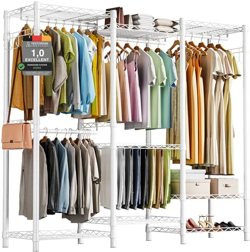 AQRA Metal Open Wardrobe, Heavy Duty Clothes Rail, 4 Assembly Ways, White | 372kg Max Weight, 172cm*38cm*194cm, 3 Adjustable Shelves And 3 Hanging Rods Organise Garments, Shoes And Bags in Bedrooms