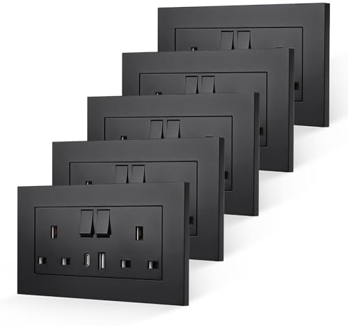 CNBINGO 5 Pack Double Socket with USB,Matt Black Electric Wall Plug Sockets | USB C/A Ports Charging, Double Switched Plug Socket, 13A USB Double Wall Outlets