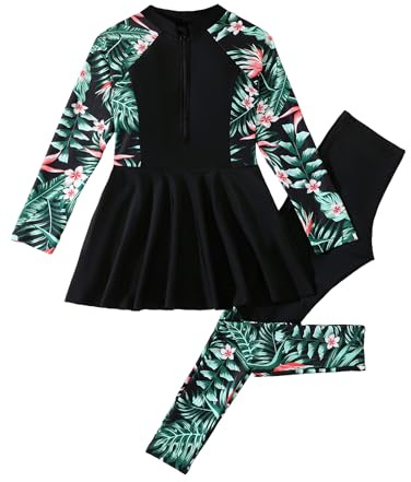 OBEEII Muslim Swimwear for Girls Long Sleeve Swimsuit Tropical Print Swimming Top with Pants 2pcs Rash Guard Kid Modest Bathing Suit for 8 to 12 Years