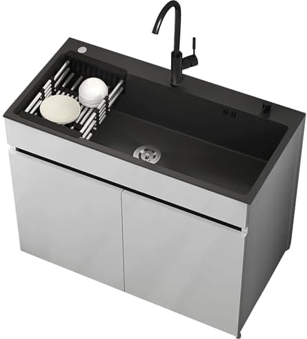 Lavello da Giardino Completo Autoportante 80cm, Lavandino Nero in Acciaio Inox con Mobiletto in Alluminio Alveolare, Set Completo con Rubinetto Miscelatore e Scarico per Outdoor