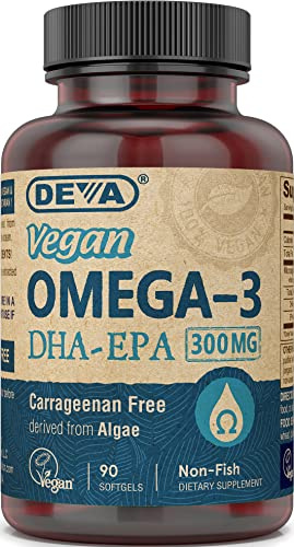 DEVA Vegan Omega-3 DHA-EPA 300MG – No Carrageenan, Non-Fish Oil Derived from Algae, Non-GMO, 90 Gelatin-Free Softgels