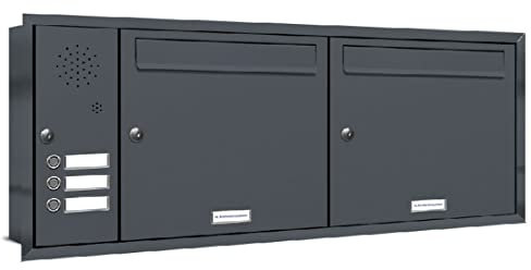 AL Briefkastensysteme, 2er Unterputzbriefkasten mit Klingel in Anthrazit Grau RAL 7016, 2 Fach wetterfeste Briefkastenanlage, Doppel-Briefkasten, Design modern