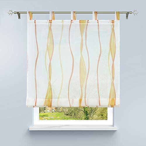 HongYa Raffrollo mit Wellen Druck Transparenter Voile Raffgardine Vorhang mit Schlaufen H/B 140/140 cm Creme Terra