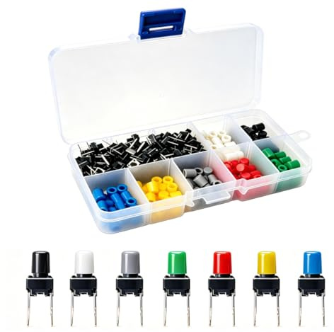 Gebildet 105pcs 6×6×8mm MomentáneoTáctil Tact Push Button Interruptor, Micro Táctil Interruptor con Botón Tapas de 7 Color para Arduino (Cada Color 15pcs)